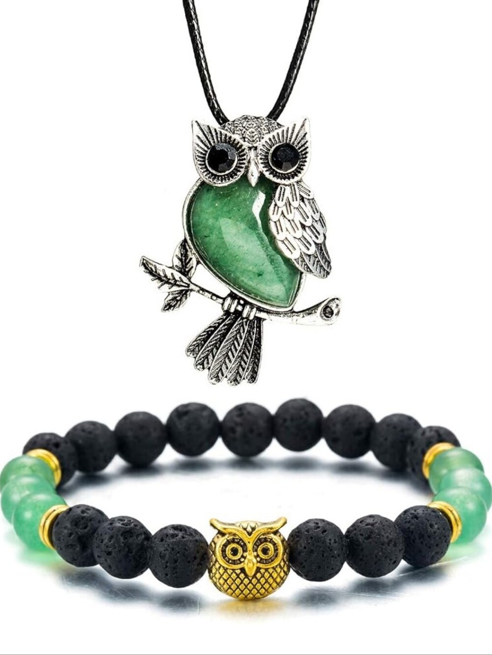 Green Owl Pendant Necklace and Black Lava Bead Bracelet Set